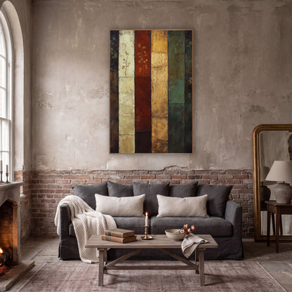 Six Panel Botanical Abstract Stripes wall art in a moody dark academia room – abstract artwork of six vertical bands