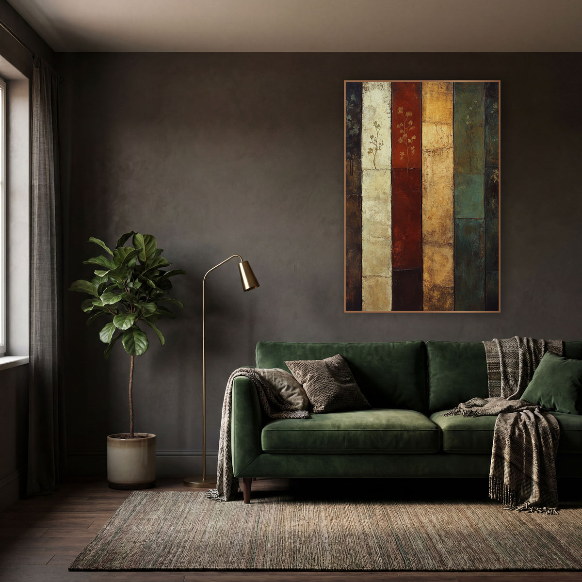 Six Panel Botanical Abstract Stripes wall art in a moody dark academia room – abstract artwork of six vertical bands