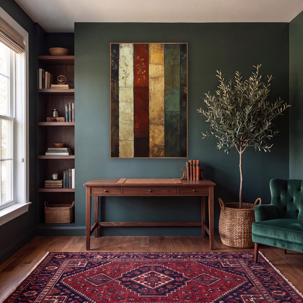 Six Panel Botanical Abstract Stripes wall art in a moody dark academia room – abstract artwork of six vertical bands