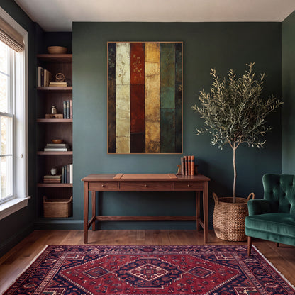 Six Panel Botanical Abstract Stripes wall art in a moody dark academia room – abstract artwork of six vertical bands