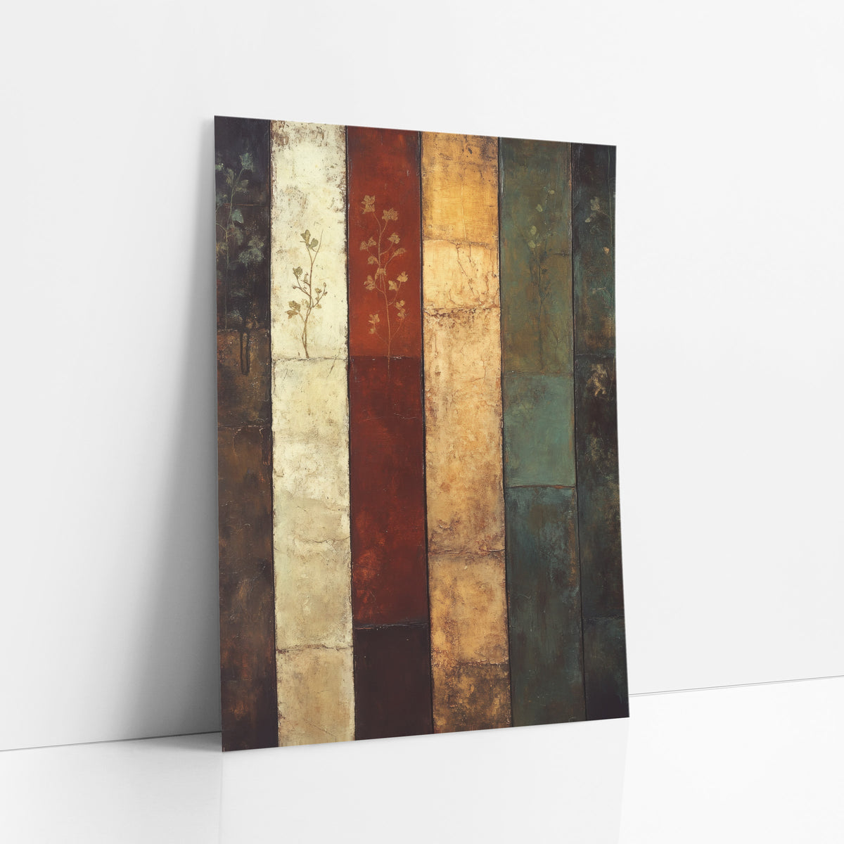 Six Panel Botanical Abstract Stripes art print leaning against a white wall – abstract artwork of six vertical bands