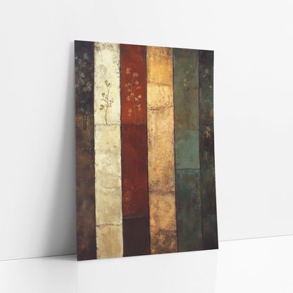 Six Panel Botanical Abstract Stripes art print leaning against a white wall – abstract artwork of six vertical bands