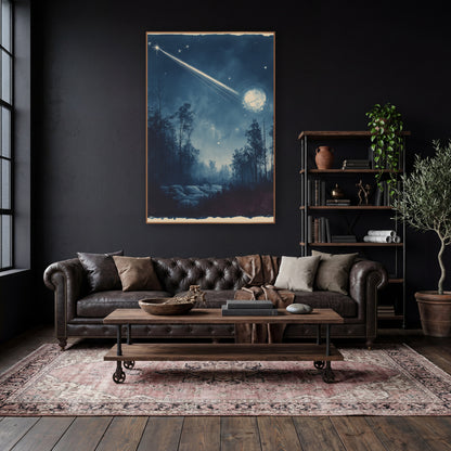 Comet Streaking Night Forest Cyanotype wall art in a moody dark academia room – bright comet streaking across a deep
