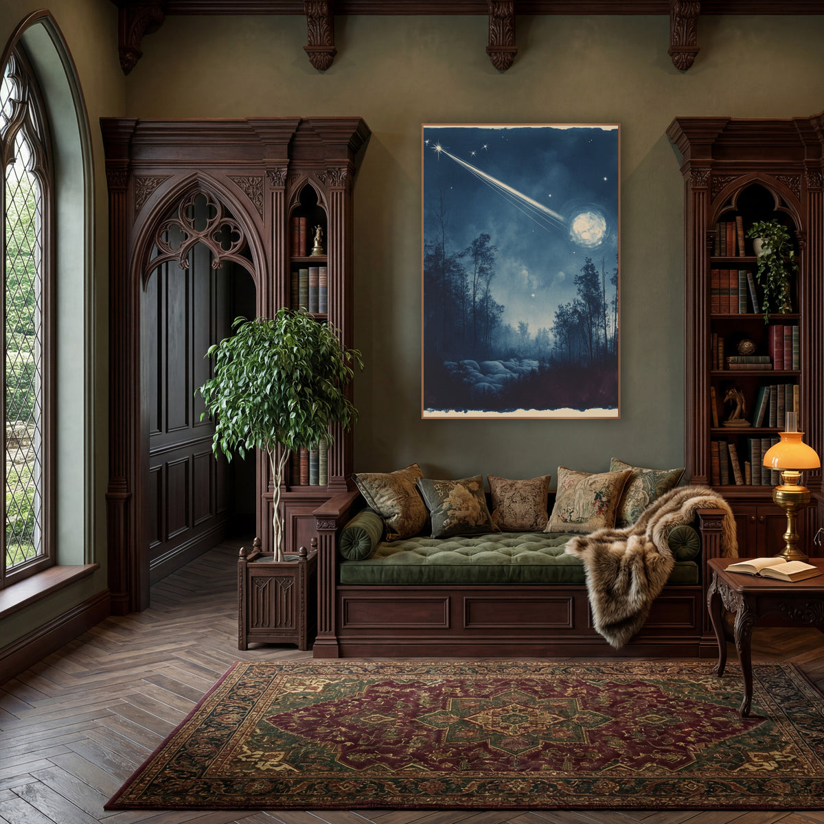 Comet Streaking Night Forest Cyanotype wall art in a moody dark academia room – bright comet streaking across a deep