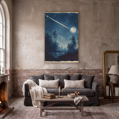 Comet Streaking Night Forest Cyanotype wall art in a moody dark academia room – bright comet streaking across a deep