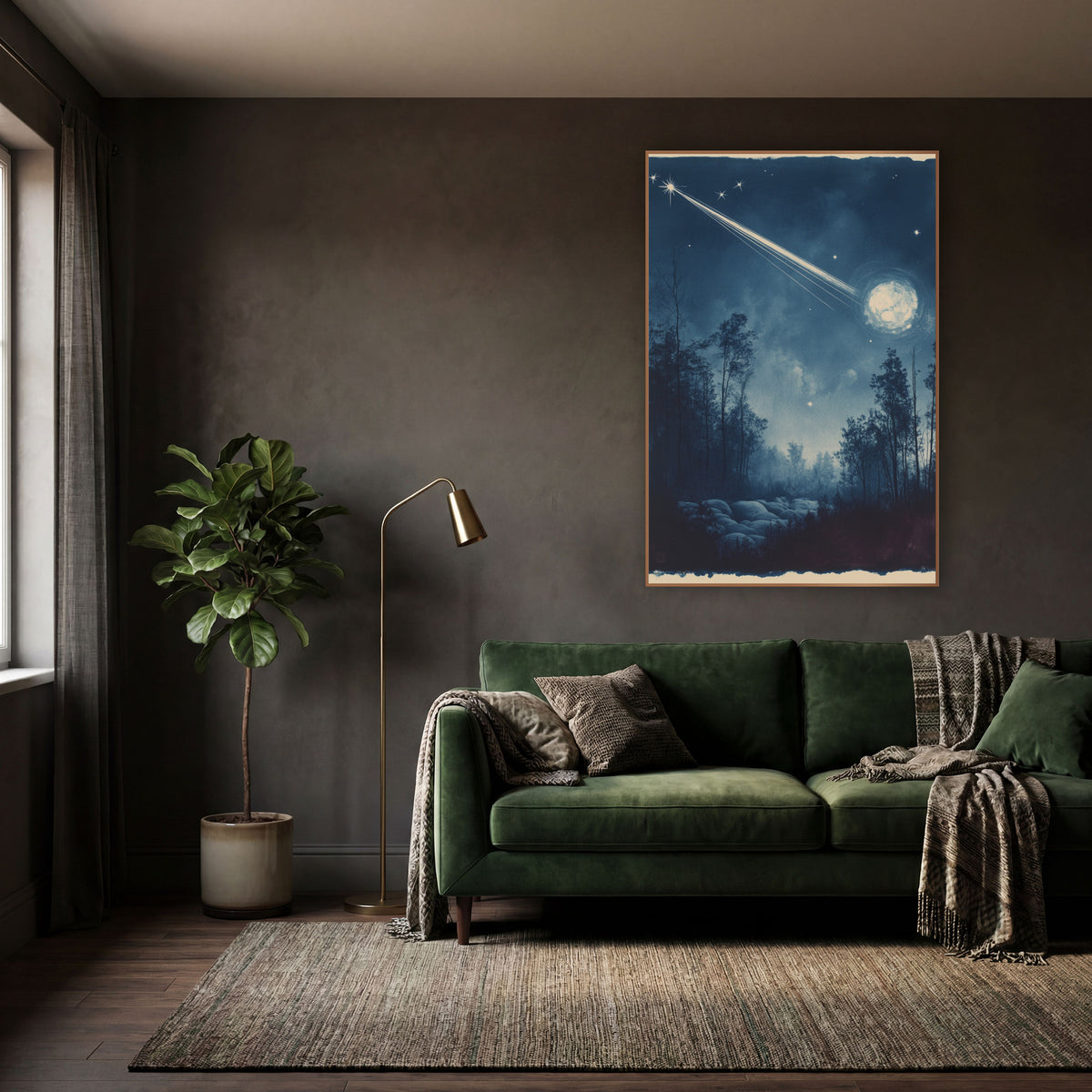 Comet Streaking Night Forest Cyanotype wall art in a moody dark academia room – bright comet streaking across a deep