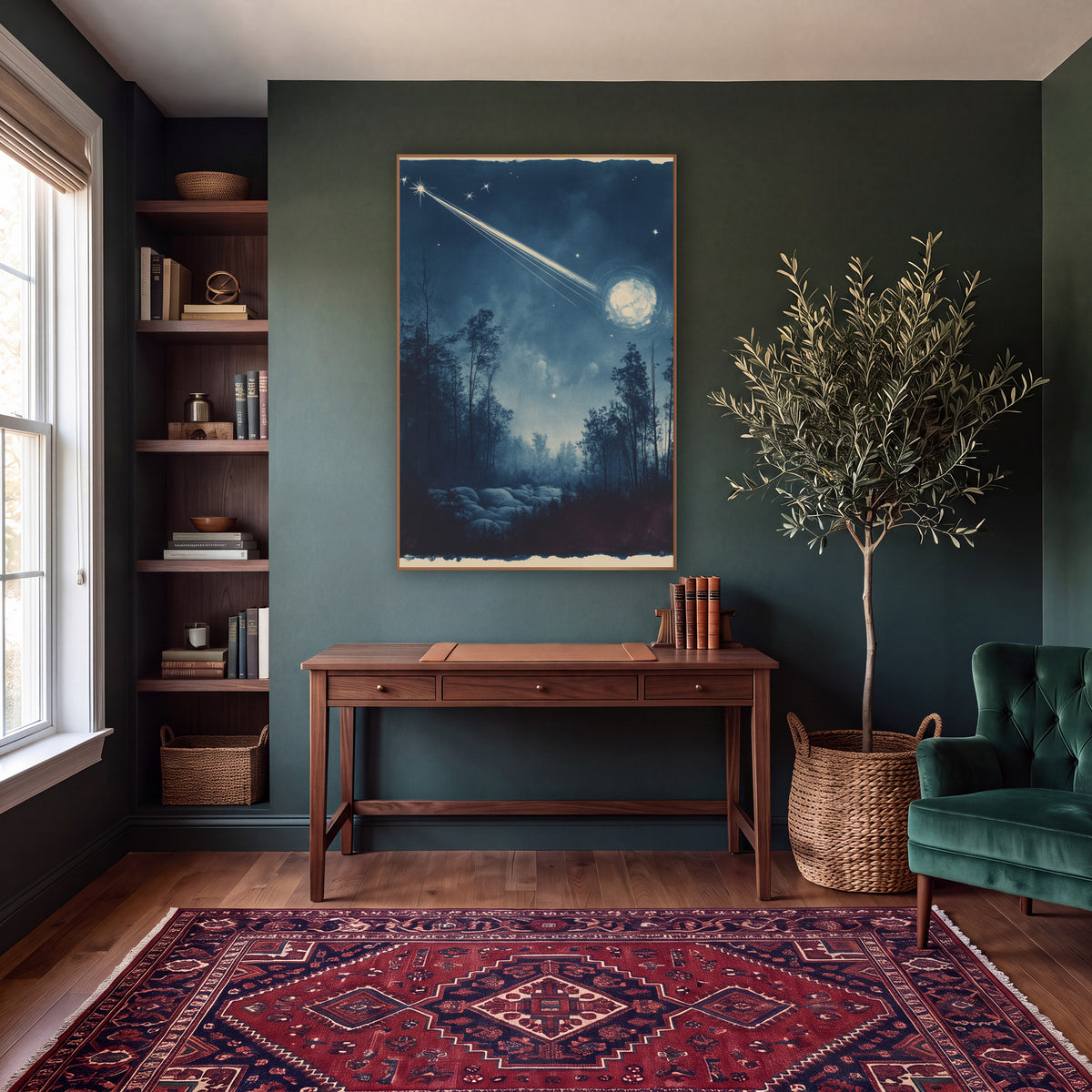 Comet Streaking Night Forest Cyanotype wall art in a moody dark academia room – bright comet streaking across a deep
