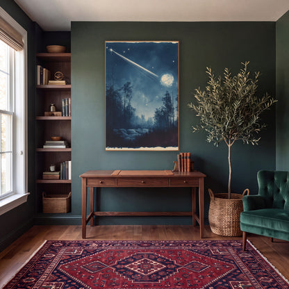 Comet Streaking Night Forest Cyanotype wall art in a moody dark academia room – bright comet streaking across a deep