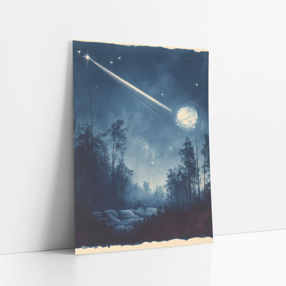 Comet Streaking Night Forest Cyanotype art print leaning against a white wall – bright comet streaking across a deep blue