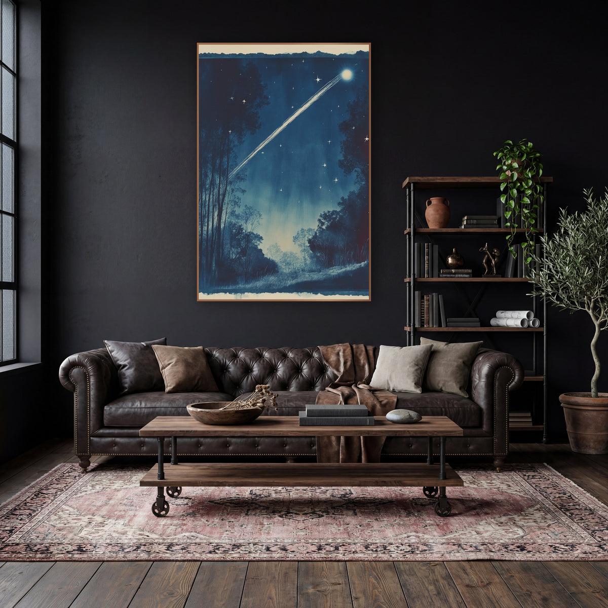 Midnight Blue Comet Night Sky wall art in a moody dark academia room – bright comet streaking across a deep blue