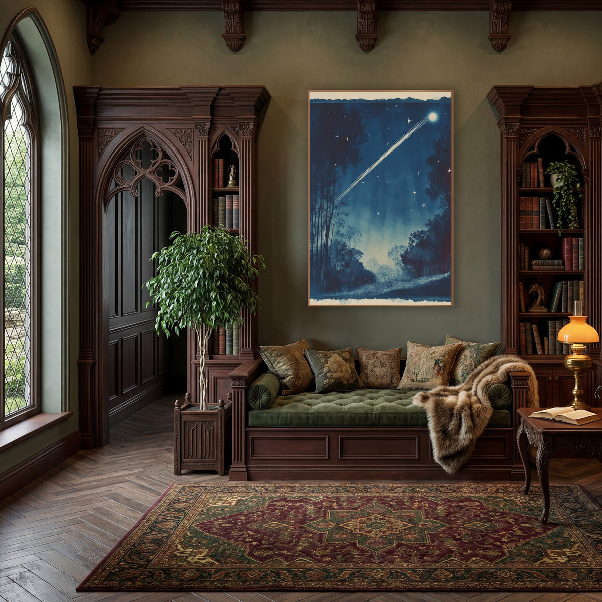 Midnight Blue Comet Night Sky wall art in a moody dark academia room – bright comet streaking across a deep blue