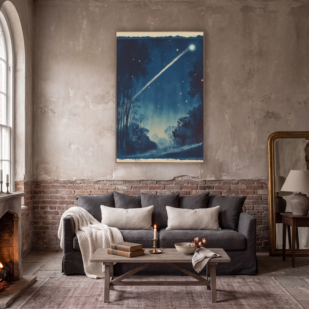 Midnight Blue Comet Night Sky wall art in a moody dark academia room – bright comet streaking across a deep blue