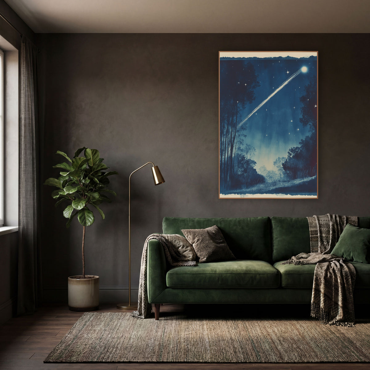 Midnight Blue Comet Night Sky wall art in a moody dark academia room – bright comet streaking across a deep blue