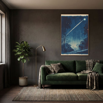 Midnight Blue Comet Night Sky wall art in a moody dark academia room – bright comet streaking across a deep blue