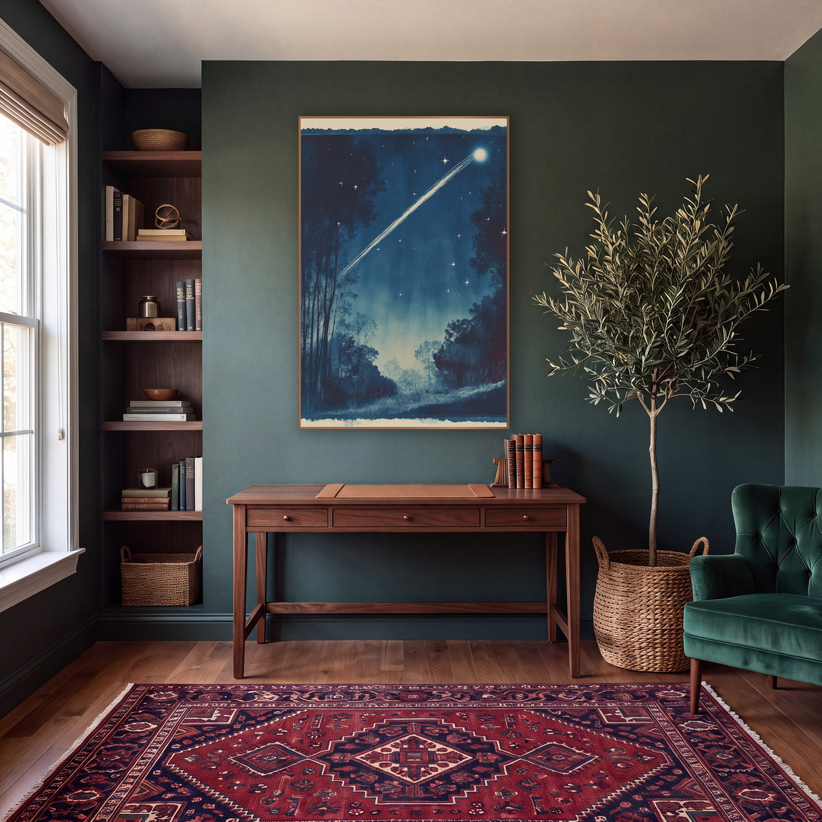 Midnight Blue Comet Night Sky wall art in a moody dark academia room – bright comet streaking across a deep blue