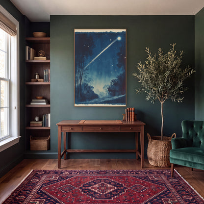 Midnight Blue Comet Night Sky wall art in a moody dark academia room – bright comet streaking across a deep blue