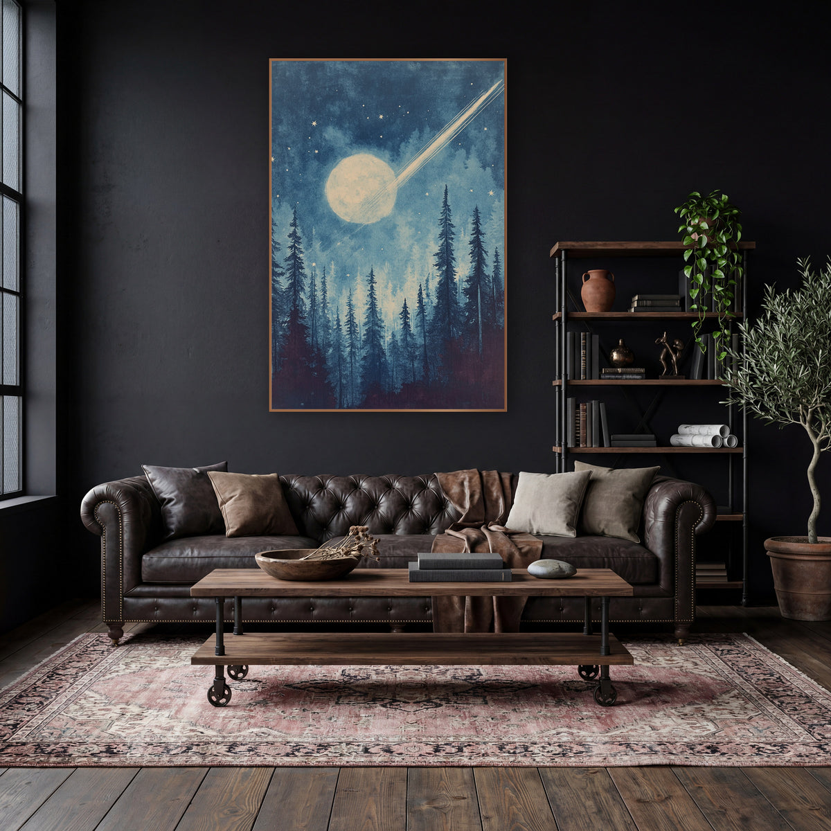 Comet Moon Evergreen Night Sky wall art in a moody dark academia room – pale comet streaking past a glowing moon