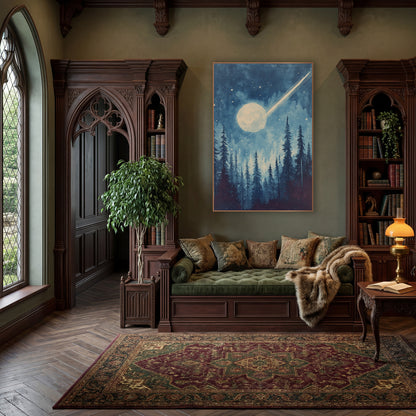 Comet Moon Evergreen Night Sky wall art in a moody dark academia room – pale comet streaking past a glowing moon
