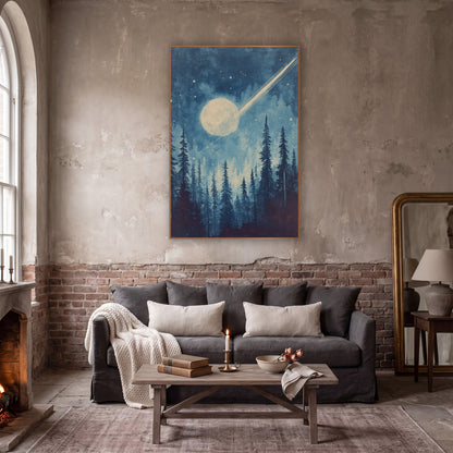 Comet Moon Evergreen Night Sky wall art in a moody dark academia room – pale comet streaking past a glowing moon