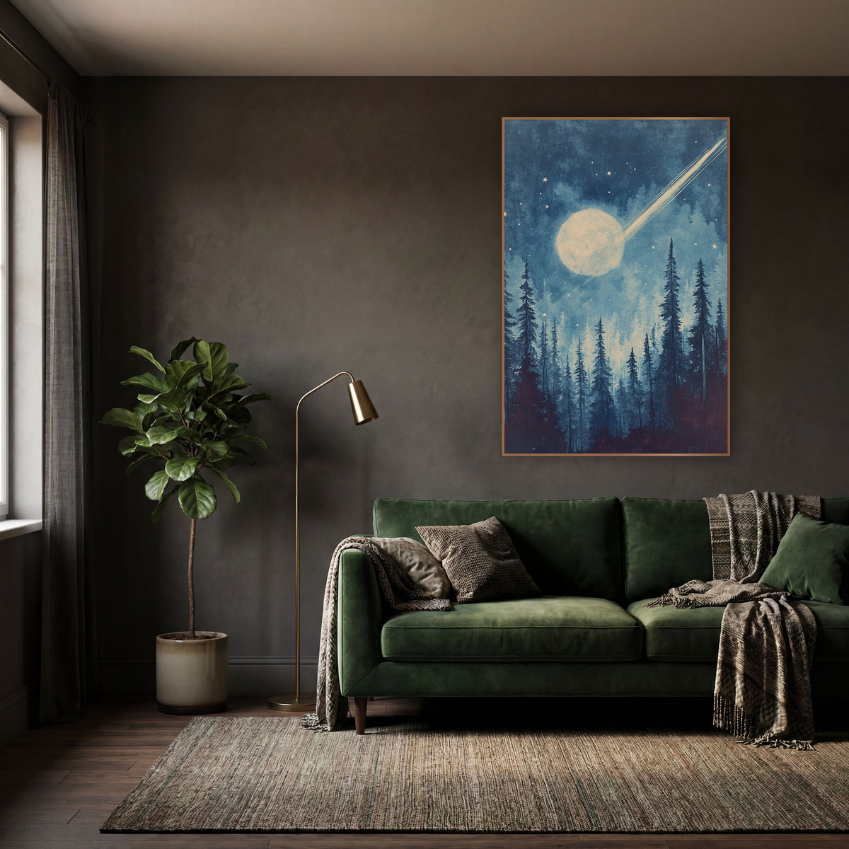 Comet Moon Evergreen Night Sky wall art in a moody dark academia room – pale comet streaking past a glowing moon