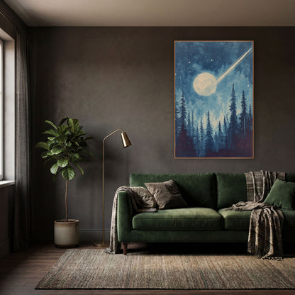 Comet Moon Evergreen Night Sky wall art in a moody dark academia room – pale comet streaking past a glowing moon