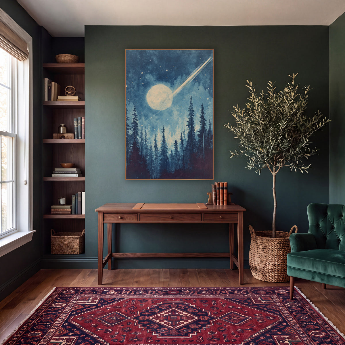 Comet Moon Evergreen Night Sky wall art in a moody dark academia room – pale comet streaking past a glowing moon