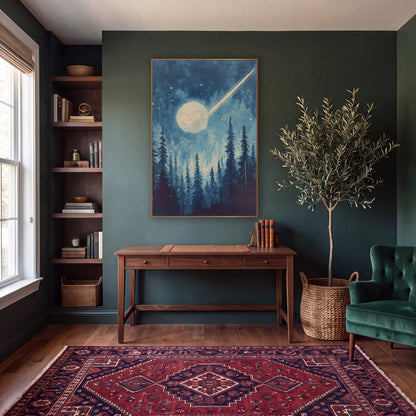 Comet Moon Evergreen Night Sky wall art in a moody dark academia room – pale comet streaking past a glowing moon