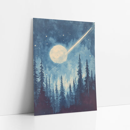 Comet Moon Evergreen Night Sky art print leaning against a white wall – pale comet streaking past a glowing moon in a blue