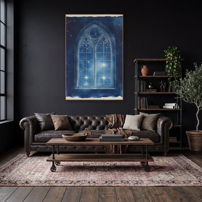 Cobalt Constellation Gothic Window Classic wall art in a moody dark academia room – white-lined gothic arched window