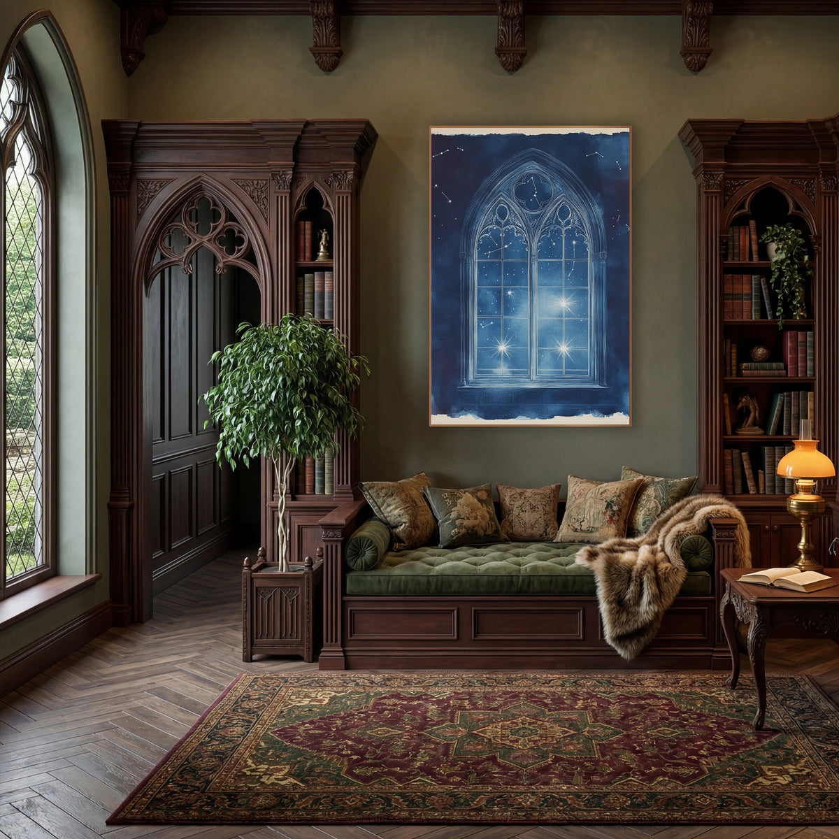 Cobalt Constellation Gothic Window Classic wall art in a moody dark academia room – white-lined gothic arched window