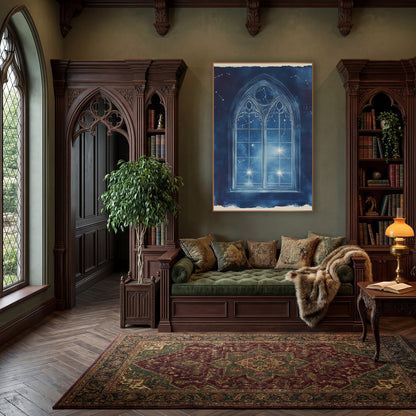 Cobalt Constellation Gothic Window Classic wall art in a moody dark academia room – white-lined gothic arched window