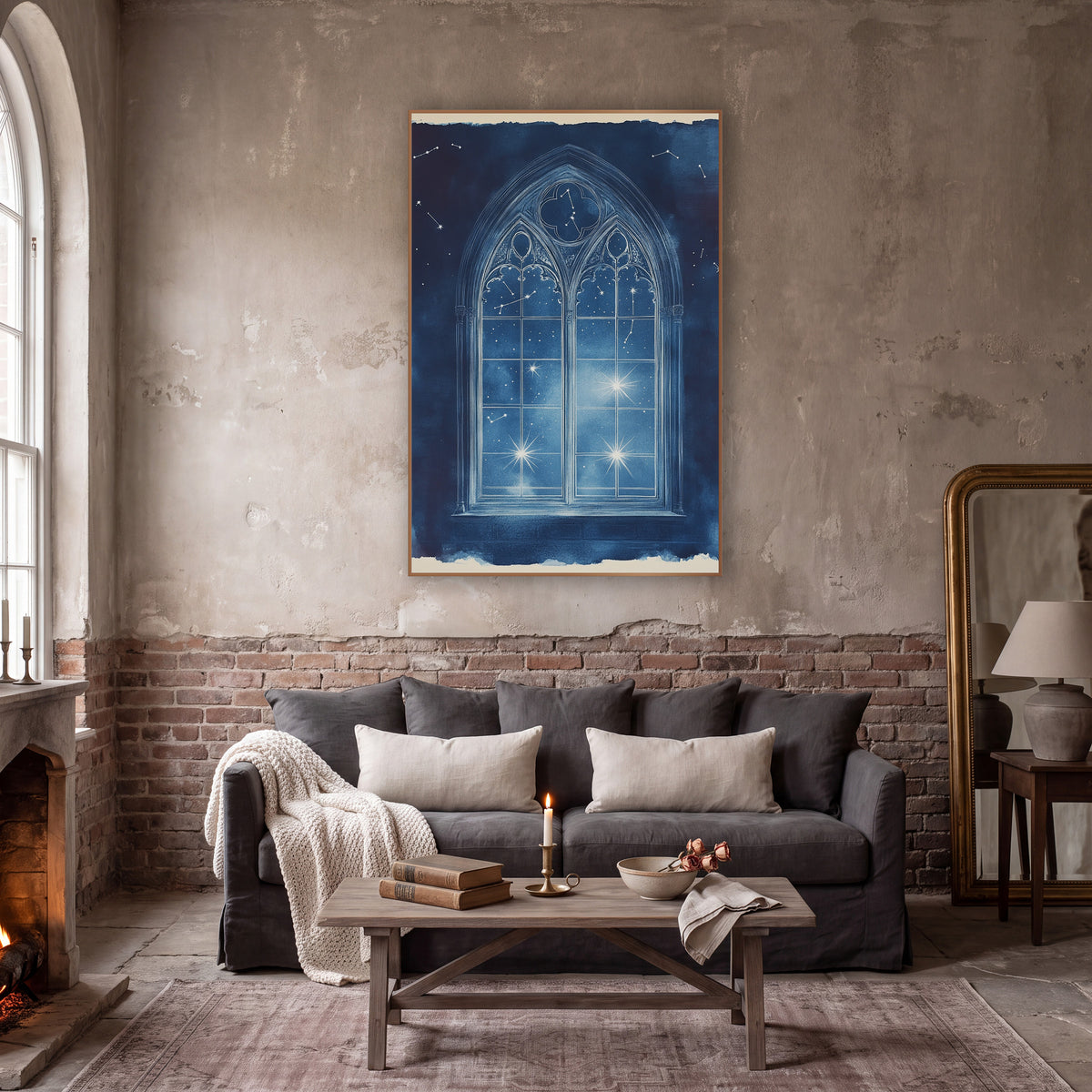 Cobalt Constellation Gothic Window Classic wall art in a moody dark academia room – white-lined gothic arched window