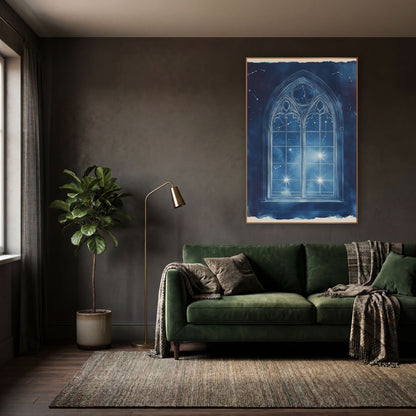 Cobalt Constellation Gothic Window Classic wall art in a moody dark academia room – white-lined gothic arched window