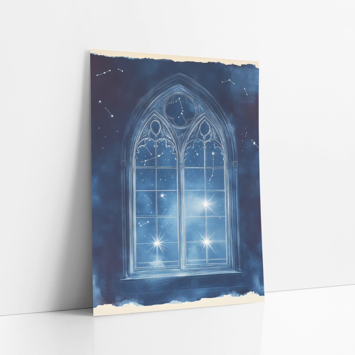 Cobalt Constellation Gothic Window Classic art print leaning against a white wall – white-lined gothic arched window