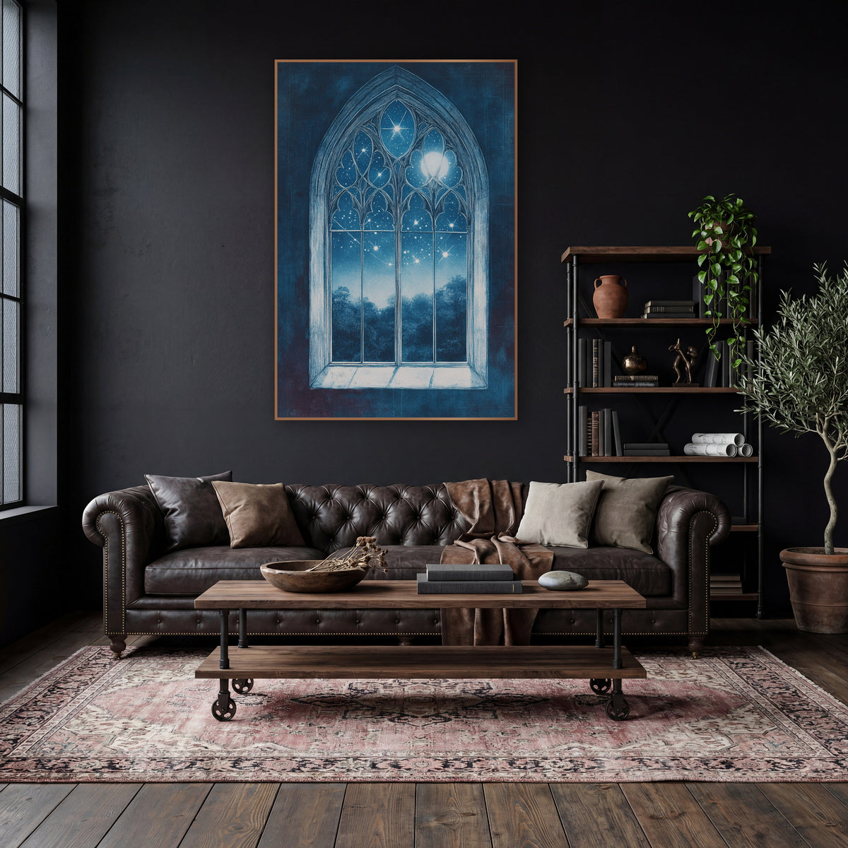 Moonlit Treeline Gothic Window Moody wall art in a moody dark academia room – gothic arched window with carved tracery