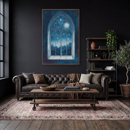 Moonlit Treeline Gothic Window Moody wall art in a moody dark academia room – gothic arched window with carved tracery