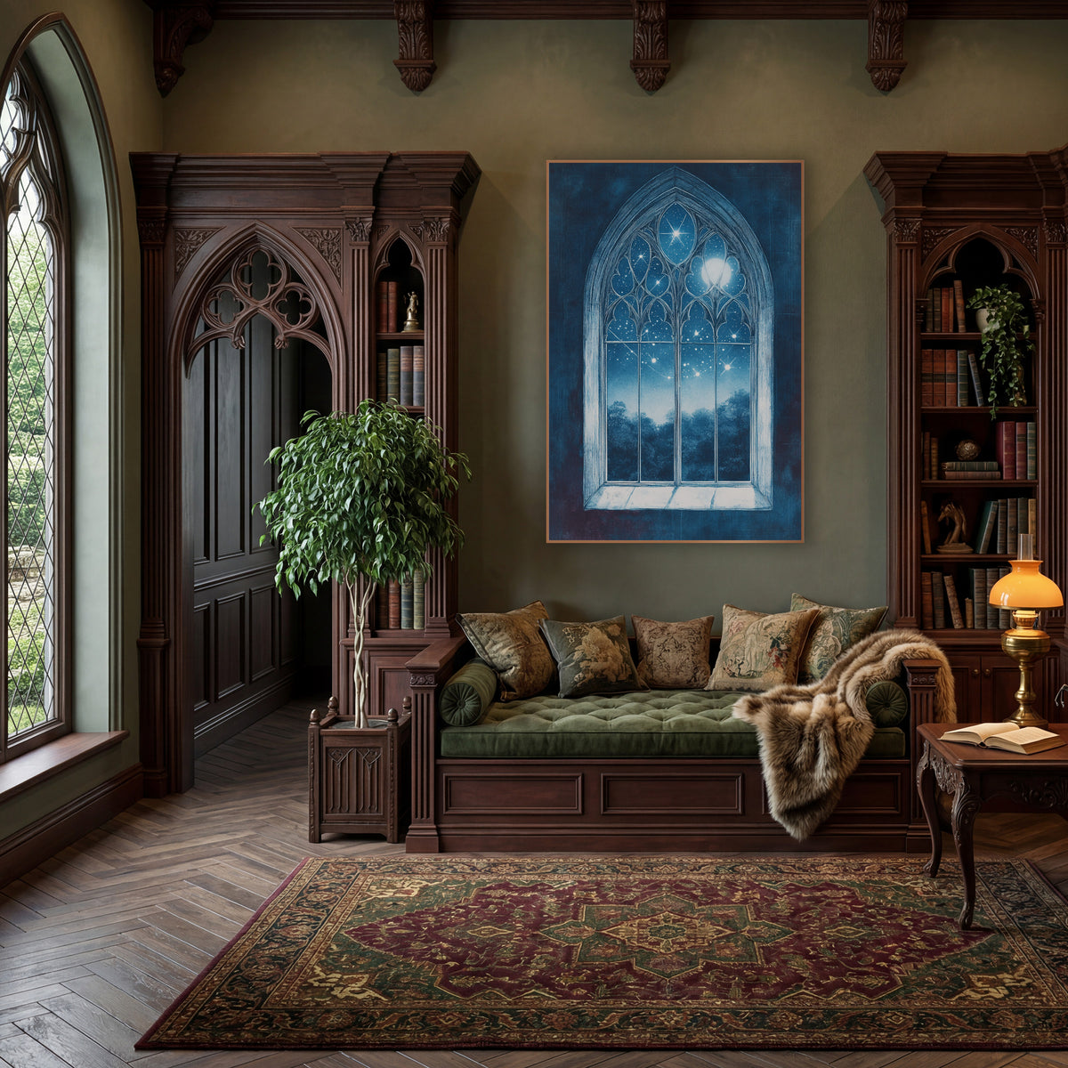 Moonlit Treeline Gothic Window Moody wall art in a moody dark academia room – gothic arched window with carved tracery