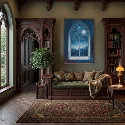 Moonlit Treeline Gothic Window Moody wall art in a moody dark academia room – gothic arched window with carved tracery