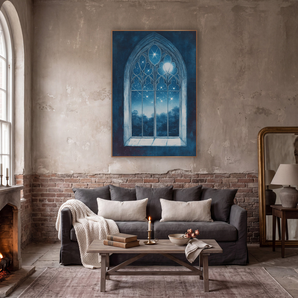 Moonlit Treeline Gothic Window Moody wall art in a moody dark academia room – gothic arched window with carved tracery