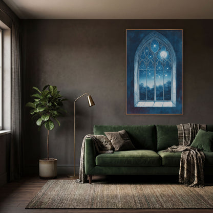 Moonlit Treeline Gothic Window Moody wall art in a moody dark academia room – gothic arched window with carved tracery
