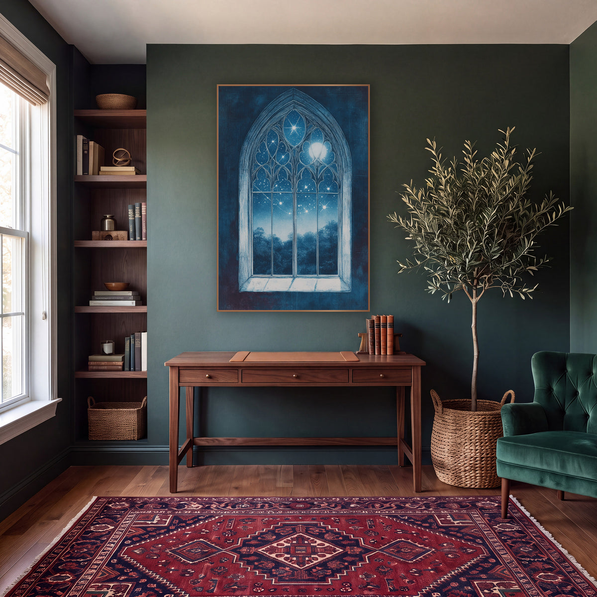 Moonlit Treeline Gothic Window Moody wall art in a moody dark academia room – gothic arched window with carved tracery