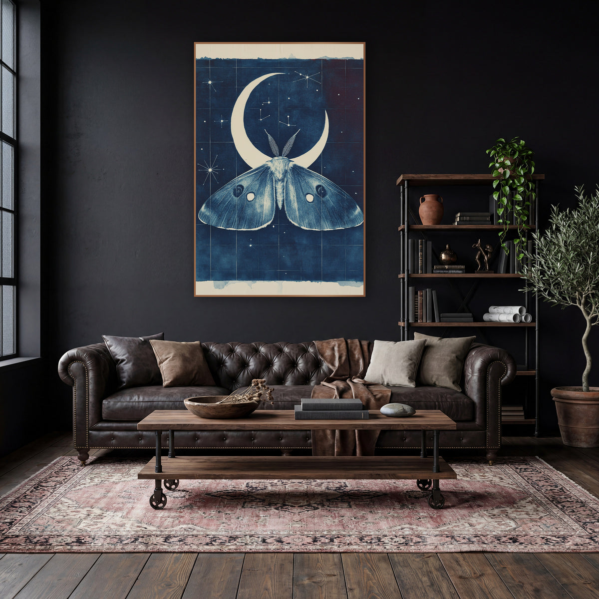 Midnight Blue Moth Crescent Celestial wall art in a moody dark academia room – large moth with eyespots under a cream