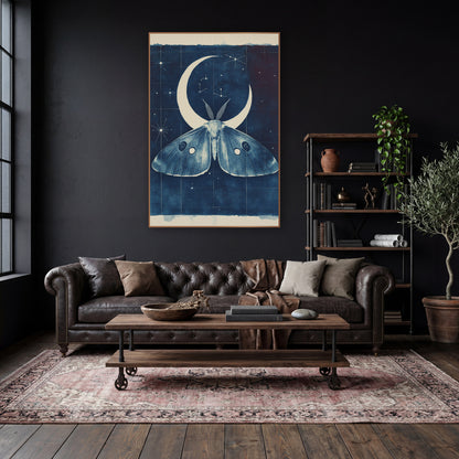Midnight Blue Moth Crescent Celestial wall art in a moody dark academia room – large moth with eyespots under a cream