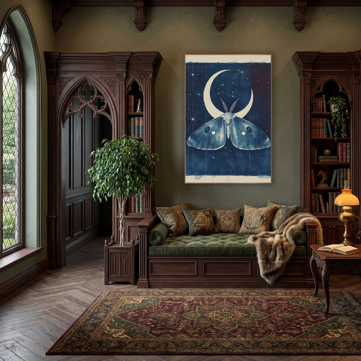 Midnight Blue Moth Crescent Celestial wall art in a moody dark academia room – large moth with eyespots under a cream