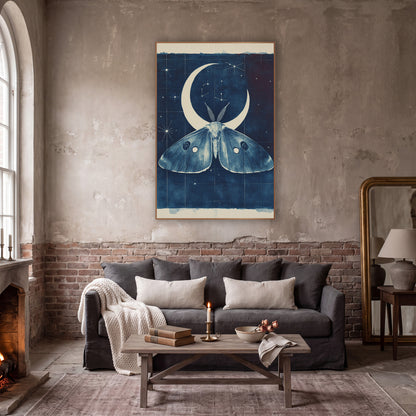 Midnight Blue Moth Crescent Celestial wall art in a moody dark academia room – large moth with eyespots under a cream