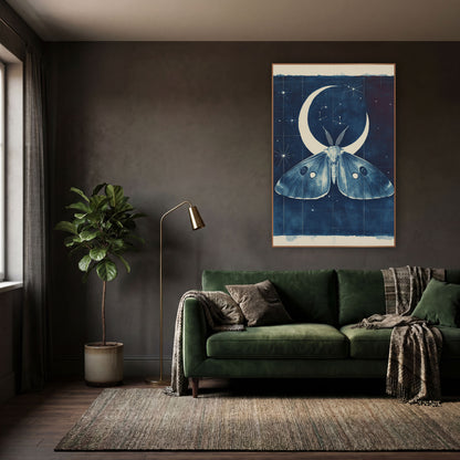 Midnight Blue Moth Crescent Celestial wall art in a moody dark academia room – large moth with eyespots under a cream