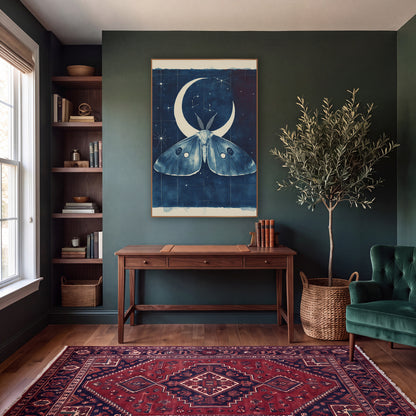 Midnight Blue Moth Crescent Celestial wall art in a moody dark academia room – large moth with eyespots under a cream