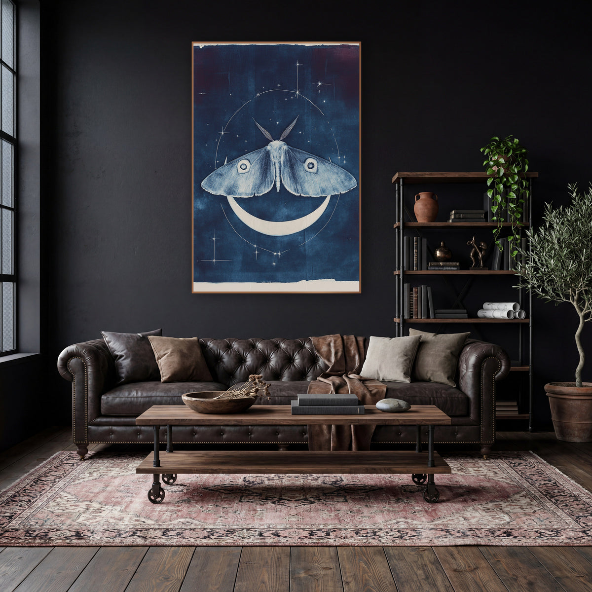 Moth and Crescent Moon Celestial wall art in a moody dark academia room – pale blue moth with eye spots above a white