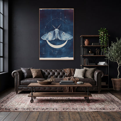 Moth and Crescent Moon Celestial wall art in a moody dark academia room – pale blue moth with eye spots above a white