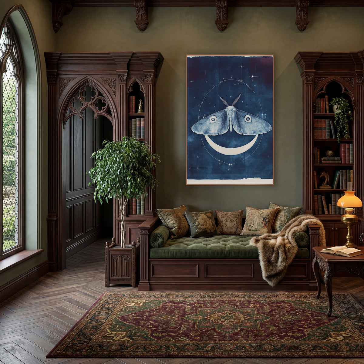 Moth and Crescent Moon Celestial wall art in a moody dark academia room – pale blue moth with eye spots above a white